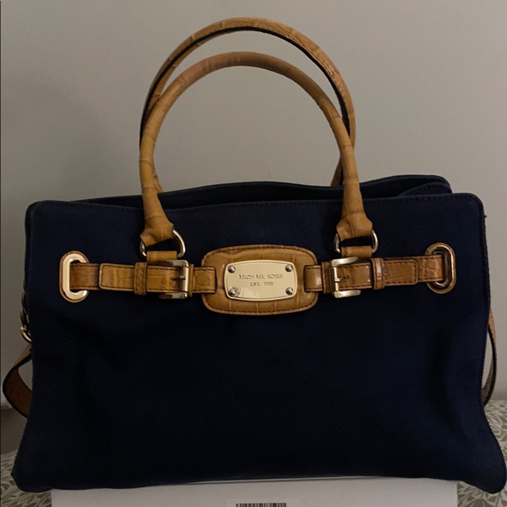 Michael Kors Hamilton East West navy blue canvas large tote bag.